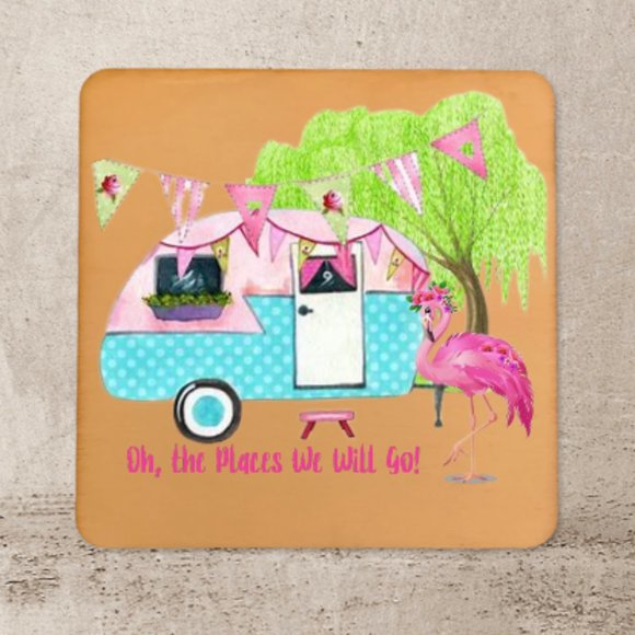 Camper Beach Oh The Places We Will Go Set Of 4 Wood Coasters - Picture 1 of 2